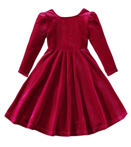 Happy Cherry Samtkleid für Mädchen Prinzessin Kleid Langarm A-Linie Partykleid Elegant Festlich Kinderkleid Herbst Winter Süß Tutu 90CM von Happy Cherry