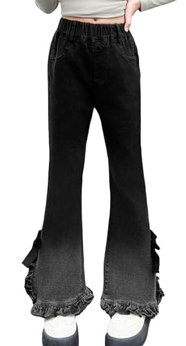 Happy Cherry Schlaghose Kinder Skinny Denim Jeanshose Mädchenjeans Freizeithosen Taille Elastischer Bund Flared Pants 150(10-11 Jahre) Schwarz Schleife von Happy Cherry