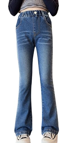 Happy Cherry Schlaghose Mädchen Jeanshosen Stretch Skinny Retro Ausgestellte Hose Kinder Y2K Denim Hose Blau Elastischer Bund Glockenhose 170 von Happy Cherry