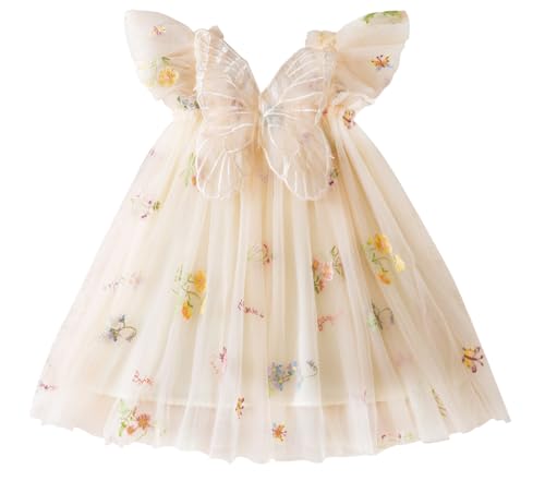 Happy Cherry Schmetterling Kleid Baby Mädchen Tüllkleid Blumenmädchenkleider Taufkleid Ärmellos Prinzessin Kleid Geburtstag Festlich Hochzeit 90/1-2 Jahre Champagner von Happy Cherry