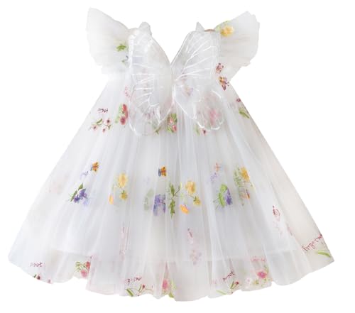 Happy Cherry Schmetterling Kleid Baby Mädchen Tüllkleid Blumenmädchenkleider Taufkleid Ärmellos Prinzessin Kleid Geburtstag Festlich Hochzeit 90/1-2 Jahre Weiß von Happy Cherry