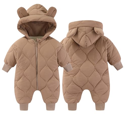 Happy Cherry - Schneenanzüge Baby Winter Neugeborene Overall mit Kapuze Junge Mädchen Strampler Warmer Dicker Spielanzug Kinder Schneeanzug Lange Ärmel Kleinkind Wintermantel - 12-18 Monate - Braun von Happy Cherry