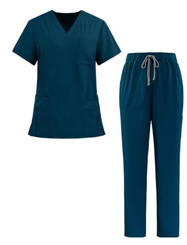 Happy Cherry Schrubb Set Damen Herren Medizinische Uniformen V-Ausschnitt Oberteil + Kordelzug Kasackhose Set Krankenschwester Krankenhaus Berufskleidung, Dunkelgrün L von Happy Cherry