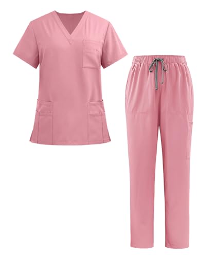 Happy Cherry Schrubb Set Damen Herren Medizinische Uniformen V-Ausschnitt Oberteil + Kordelzug Kasackhose Set Krankenschwester Krankenhaus Berufskleidung, Rosa L von Happy Cherry