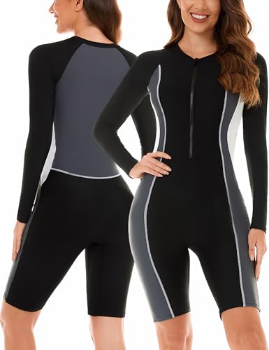 Happy Cherry Schwimmanzug Damen Einteilige Badeanzug Langarm Schwarz Sports Bademode Frauen Rashguard UPF 50+ Surfanzug mit Bein Schlanke Passform Badebekleidung XL von Happy Cherry