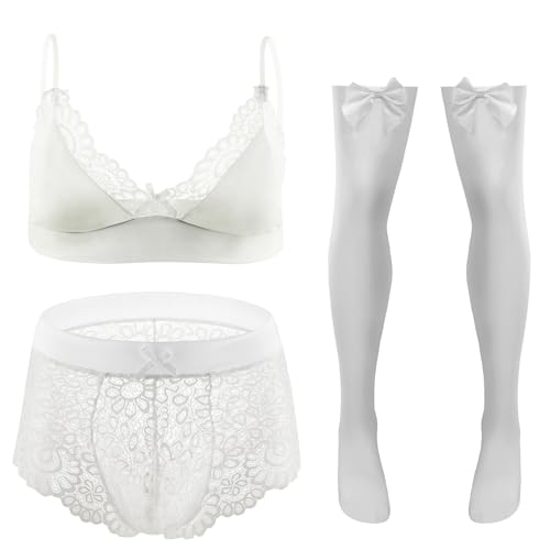 Happy Cherry See-Through Schnelltrocknend Frilly Spitze Trim Bralette für Männer Bowknot Sexy Unterwäsche für Schlafzimmer Valentinstag Weiß XXL 3 Stück von Happy Cherry