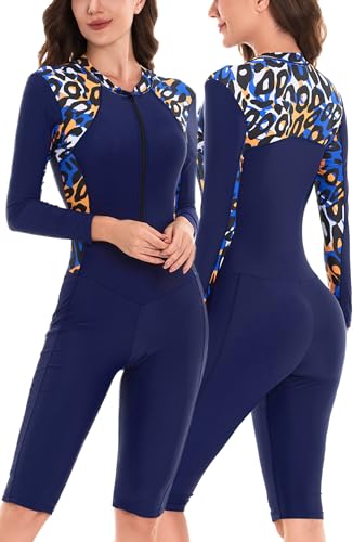 Happy Cherry Sport Badeanzug Damen Einteiler Schwimmanzug Langarm Rashguard UPF 50+ Surfen Bademode mit BH Pads Frauen Reißverschluss Swimsuit XL von Happy Cherry