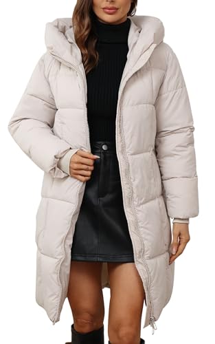 Happy Cherry Steppmantel Damen Winddicht Kapuzenmantel Winter Daunenjacke Warme Lang Parka Daunenmantel mit Reißverschluss Beige L von Happy Cherry