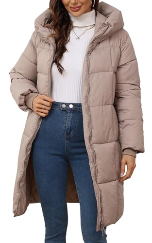 Happy Cherry Steppmantel Damen Winddicht Kapuzenmantel Winter Daunenjacke Warme Lang Parka Daunenmantel mit Reißverschluss Khaki XL von Happy Cherry
