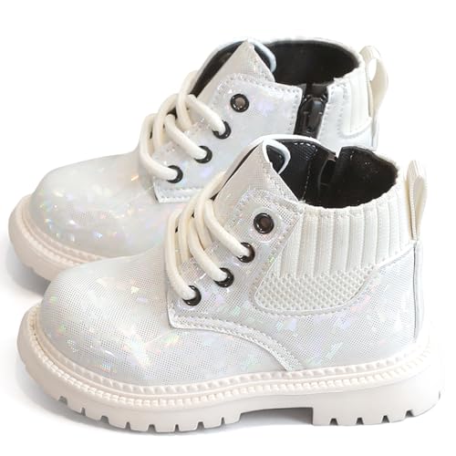 Happy Cherry Stiefeletten für Alle Jahreszeiten Jungen Mädchen Lackleder Stiefeletten Wasserdichte Schulstiefeletten Kleinkinder Rutschfeste Gummisohle Bootie mit Reißverschluss Weiß 25 von Happy Cherry