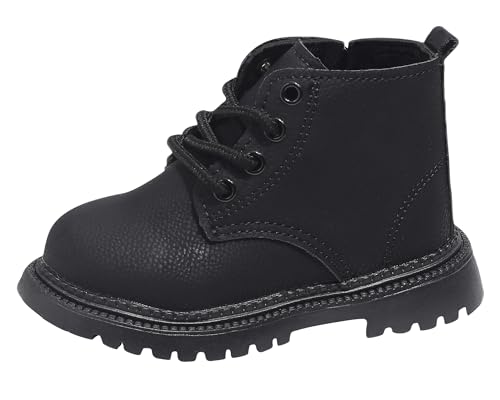 Happy Cherry Stiefeletten für Herbst Winter Frühling Jungen Mädchen Lederstiefeletten Wasserdichte Kleinkinder Rutschfester Sohle Schnürstiefel mit Reißverschluss 25 EU Schwarz von Happy Cherry