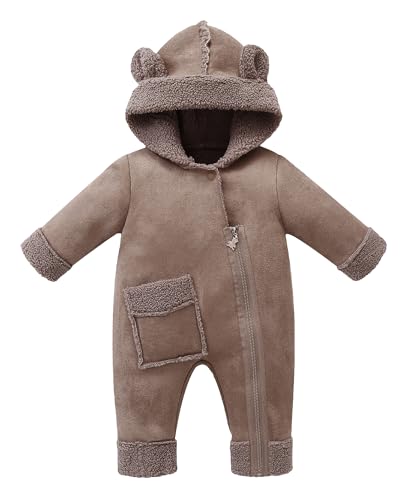 Happy Cherry - Strampler Baby mit Futter Neugeborener Winter Overall mit Kapuze für Junge Mädchen Schneeanzug Kinder Lange Ärmel Kleinkind Winterkleidung mit Reißverschlüssen - 0-6 Monate - Braun von Happy Cherry