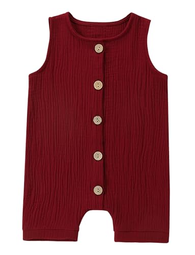 Happy Cherry - Strampler Sommer Babys Overall Jungen Mädchen Baumwolle Atmungsaktive Neugeborene Einteilige Kleidung Ärmelloser Jumpsuit Kinder Unisex - 0-3 Monate - Dunkelrot von Happy Cherry