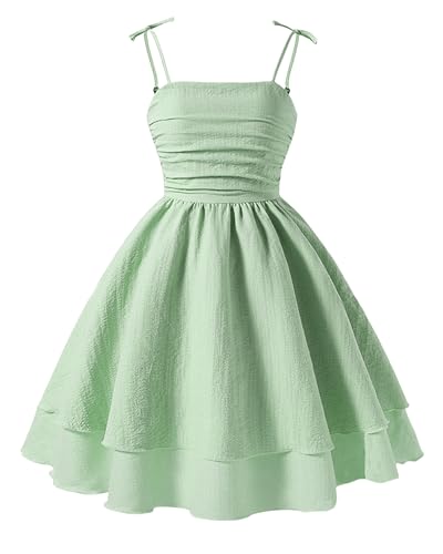 Happy Cherry Strandkleid für Teenager Gerüschtes Swing-Sommerkleid Lässig Niedlich Freizeitkleidung Röcke Outfit für Urlaub Freizeit Grün 10 Jahre von Happy Cherry