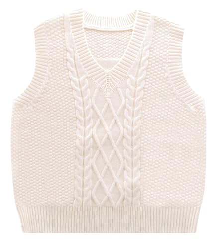 Happy Cherry Strickweste Jungen Mädchen Stretch Pullover Gestrickte Weste Herbst Winter Cable Knitted V-Neck Vest Kid DE-Größe 158-164/Hersteller 160 Beige von Happy Cherry