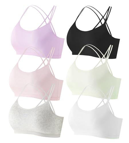Happy Cherry Teen Mädchen Täglich Ausbildung BHS Cami Sport Anfänger BH Mädchen Komfort Spaghetti Crisscross Straps Bralette mit Leichten Pads 6-Pack XL von Happy Cherry