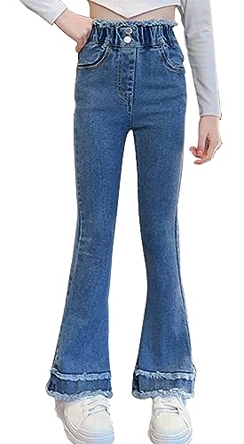 Happy Cherry Teenager Mädchen Schlaghose Blau Jeans Hose Kinder Ausgestellte Denim Hose Elastischer Bund Glockenjeans Stretch Boyfriend Jeanshosen 150 von Happy Cherry