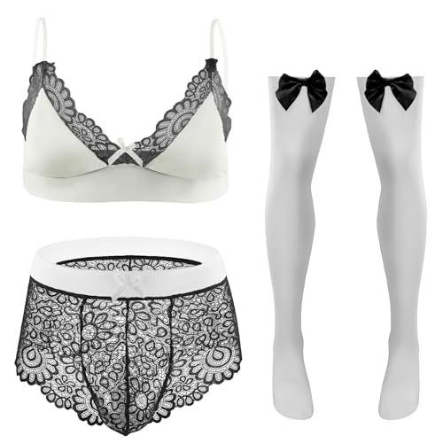 Transparente Bikini Crossdressing Dessous Set für Männer Haken und Augen Verschluss Büstenhalter Slips Strümpfe Set Cosplay Party Schwarz Weiß XXL 3 Stück von Happy Cherry