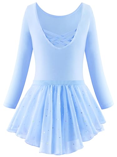 Happy Cherry Trikots Set für Mädchen Langarm Crisscross Straps Glänzender Ballett Anzug Solide Asymmetrische Pailletten Mesh Rock Einteilige Unitards 2-Pack Blau 8-9 Jahre von Happy Cherry