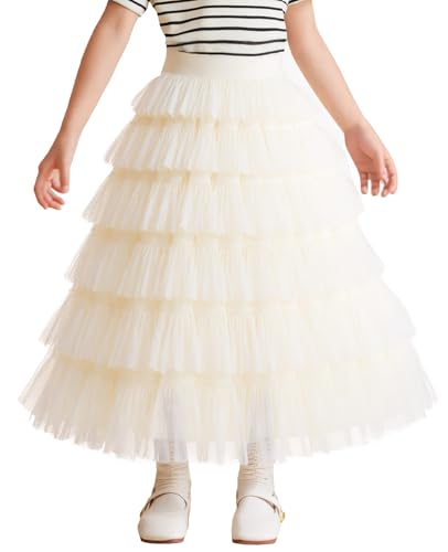 Happy Cherry Tüllrock Mädchen Kinder Langer Mesh Chiffon Rock Mehrlagiger Faltenrock Elastisch Hohe Taille Eine Linie Tutu Maxirock Beige 140 von Happy Cherry