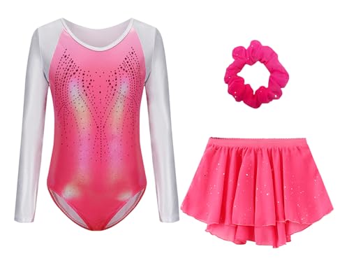 Happy Cherry Turnanzug Mädchen Langarm Gymnastikanzug mit Tüllrock Haarband Set Kinder Turnen Trikot Gymnastik Tanzen Kleidung Rosa 7-8 Jahre von Happy Cherry