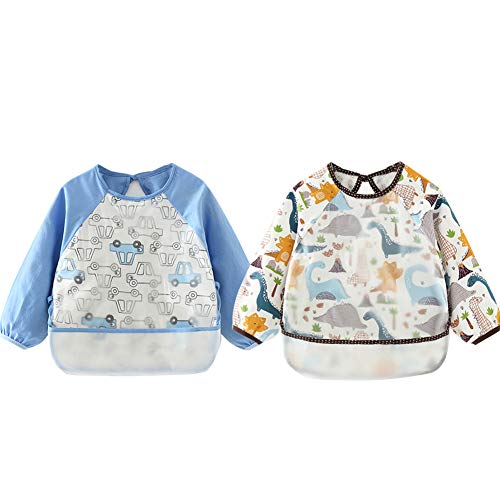 Happy Cherry Unisex Lätzchen Wasserdicht Ärmellätzchen Baby Langarm Schürze Essen und Play Bib 2 Stück Kleinkinder Malschürze Blau+Dinosaurier - Größe 110 von Happy Cherry