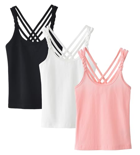 Happy Cherry Unterhemden für Mädchen Baumwolle 3er-Pack Tanktop Spaghettiträger Unterwäsche Sommer Einfarbig Vielseitig, Schwarz+Weiß+Rosa, 160/11-12 Jahre von Happy Cherry