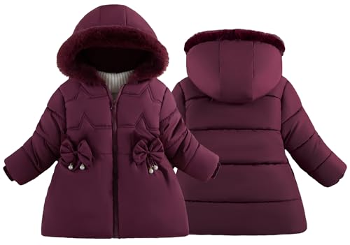 Happy Cherry Winterjacke Mädchen Wintermantel Kinder Warm Gefüttert Baumwollmantel mit Kapuze Verdickte Outdoor Winter Jacke für Alltag Burgunderrot 80 von Happy Cherry