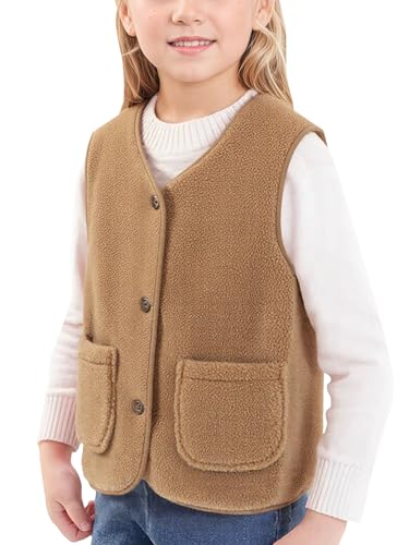 Happy Cherry - Winterweste Jungen Mädchen Warme Fleeceweste Kinder Ärmellose Winterjacke Polar Mantel Fleece Weste Leichte mit Knöpfen Outdoorweste für Schule Outdoor Sport - 140-146 - Braun von Happy Cherry