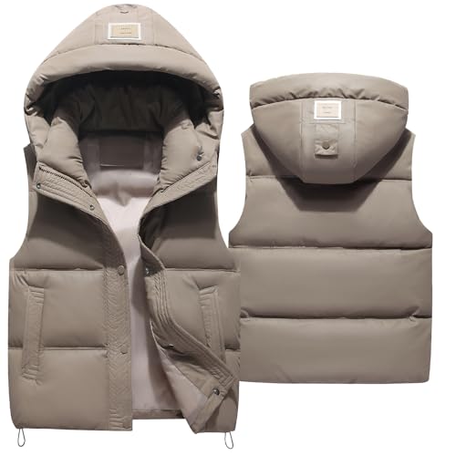 Happy Cherry - Winterweste PU Kinder Jungen Mädchen Daunenweste Mantel mit Abnehmbarer Kapuze Ärmellose Winterjacke für Schule Outdoor Sport Weste Warme Frühling Herbst - 120-130 - Khaki von Happy Cherry