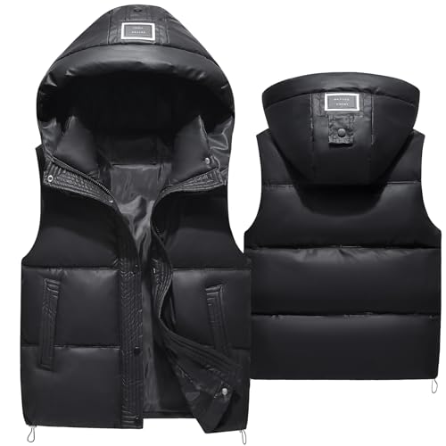 Happy Cherry - Winterweste Warme Jungen Mädchen Pufferweste Mantel Ärmellose PU mit Abnehmbarer Kapuze Winterjacke Kinder Weste Leichte Frühling Herbst für Outdoor Sport - 140-150 - Schwarz von Happy Cherry