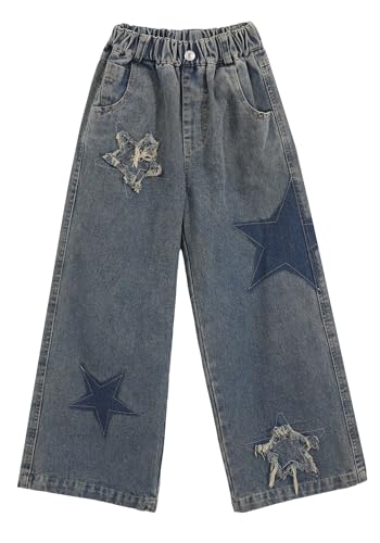 Happy Cherry Y2k Jean für Mädchen Hohe Elastische Taille Baggy Casual Wide Leg Denim Jeans Fashion Washed Trousers with Pockets Stretchy Vintage Pants 160cm/12-13 Jahre von Happy Cherry