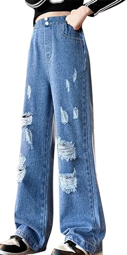 Happy Cherry Zerrissen Jeans für Mädchen Casual Denim Hosen Straight Wide Leg Jeanshosen Kinder Baggy Cowboy Hose 130 von Happy Cherry