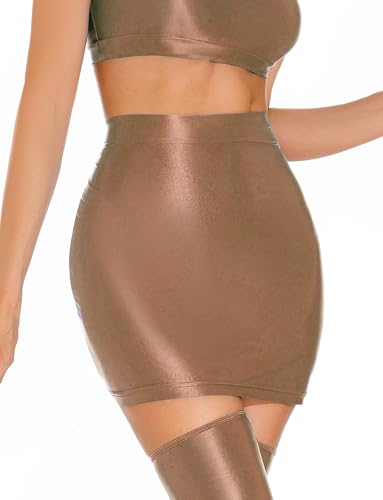 Helles Einfarbig Formender Minirock für Damen Unverzichtbar Schnell Trocknender Glänzend Öliger Bodycon Rock Leichter Clubbekleidung Bleistiftrock Braun XL von Happy Cherry