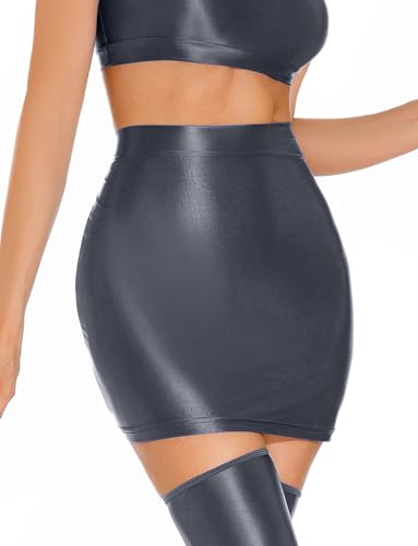 Helles Einfarbig Formender Minirock für Damen Unverzichtbar Schnell Trocknender Glänzend Öliger Bodycon Rock Leichter Clubbekleidung Bleistiftrock Grau XL von Happy Cherry