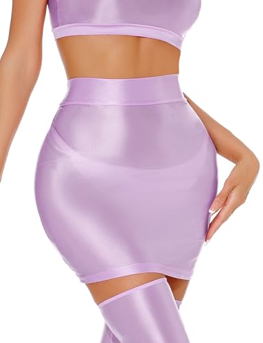 Helles Einfarbig Formender Minirock für Damen Unverzichtbar Schnell Trocknender Glänzend Öliger Bodycon Rock Leichter Clubbekleidung Bleistiftrock Lila XL von Happy Cherry