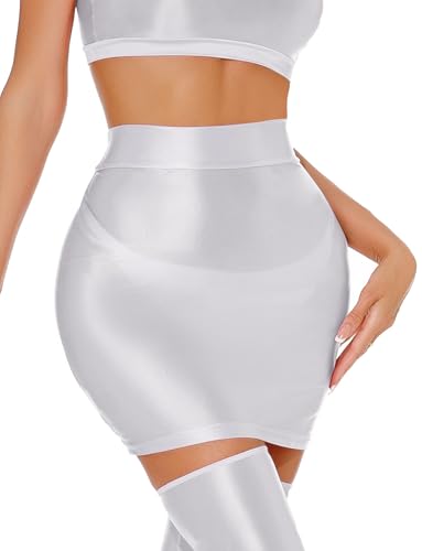 Helles Einfarbig Formender Minirock für Damen Unverzichtbar Schnell Trocknender Glänzend Öliger Bodycon Rock Leichter Clubbekleidung Bleistiftrock Weiß XL von Happy Cherry