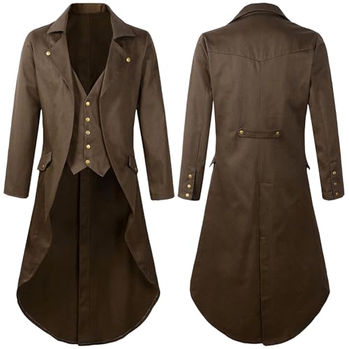 Herren Vintage Renaissance Tailmant Jacke Palast Gotische Viktorianische Reverskragen Langer Mantel Pirate Halloween Prom Kostüm Uniform Hellbraun S von Happy Cherry