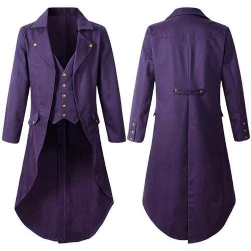 Herren Vintage Renaissance Tailmant Jacke Palast Gotische Viktorianische Reverskragen Langer Mantel Pirate Halloween Prom Kostüm Uniform Lila XL von Happy Cherry
