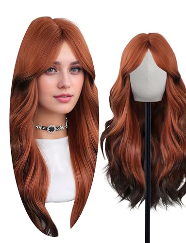 Hitzebeständige Perücke mit Mittelpartierung und Bangs für Frauen Wellige Lockige Stil Einkaufsalltags Perücke Ombre Braun Schwarz von Happy Cherry