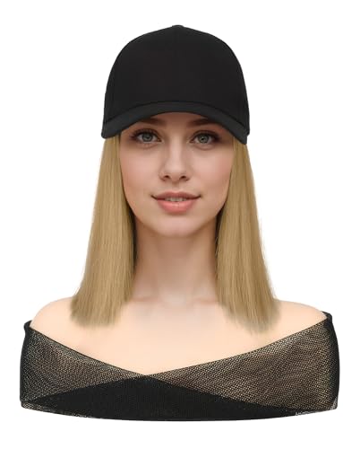 Hitzebeständige Perückekappe für Frauen mit Schwarzen Hut Gerade Stil Verstellbare Perücke mit KlettverschlussTägliche Einkaufs-Perücke Teenager Mittelblond von Happy Cherry