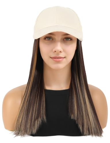 Hitzebeständige Perückekappe für Frauen mit Weißem Hut Gerade Stil Verstellbare Perücke mit Klettverschluss Tägliche Einkaufs Perücke Teenager Mädchen Dunkelbraune Highlight von Happy Cherry