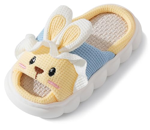 Kinder-Hausschuhe Jungen Mädchen Offene Zehen Hausschuhe Kinder Rutschfeste Baumwolle Leinen 3D-Hasen-Hallenschuhe Slip-On Slider-Schuhe Gelb 33-34 von Happy Cherry