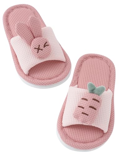 Kinder Hausschuhe Jungen Mädchen Weiche offener Zehe Hausschuhe Kinder Rutschfeste Baumwoll-Leinen Hasenmotiv Schuhe Indoor-Schuhe Einfach Anzuziehende Schiebe-Schuhe Rosa 26-27 von Happy Cherry