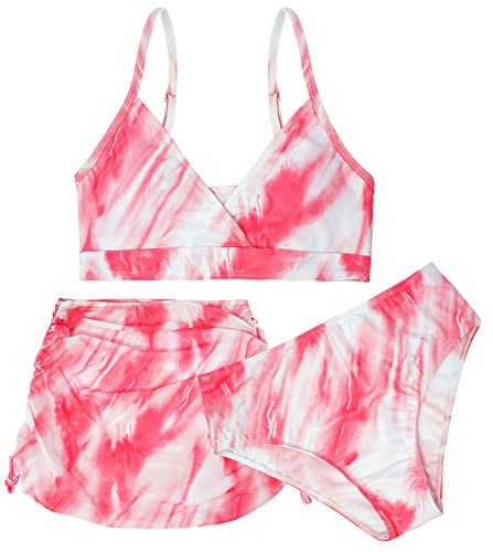Mädchen 3 Stück Tie Dye Bikini Set mit Bikini-Oberteil + Bikini-Unterteil + einen bedeckenden Rock oder Shorts 150 von Happy Cherry