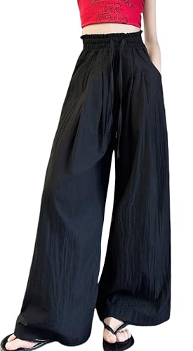 Mädchen Sommerhose Weite Kinder Palazzo Hosen Leicht Loose Fit Freizeithose Atmungsaktive 160 Schwarz von Happy Cherry