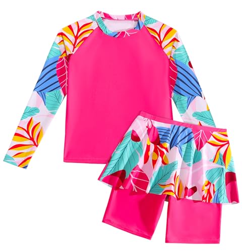 Mädchen Zweiteiliger Badeanzug Kinder Bademode Uv-Schutz Schwimmanzug Strand Swimsuit Badeshirt Badehose mit Rock Strand Pool 11-12 Jahre Dunkelrosa von Happy Cherry