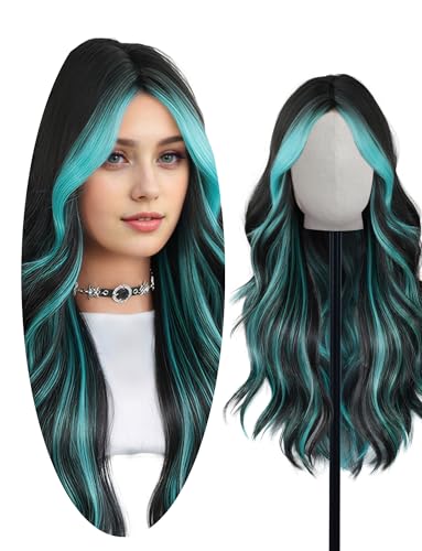 Perücke Hüftlanges mit Haarnetz für Frauen Wellige Lockige Stil synthetisch Hitzebeständig Party Reisen Hervorhebende Perücke Blau Schwarz von Happy Cherry