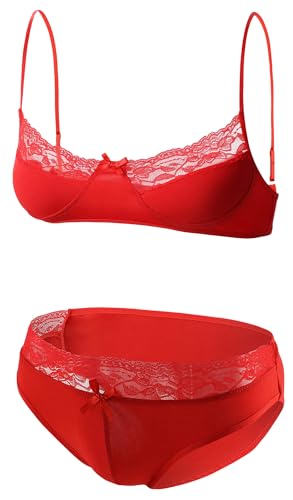 Spitzen Unterwäsche Set für Herren Verstellbare Träger Halbschalen BH Höschen Set Valentinstag Rot S von Happy Cherry