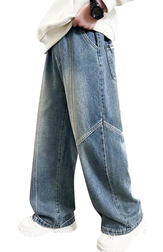 Teenager Jeans Baggy mit Elastischem Bund Weite Beine Gerade Denimhose für Casual Style Hellblau 170 von Happy Cherry